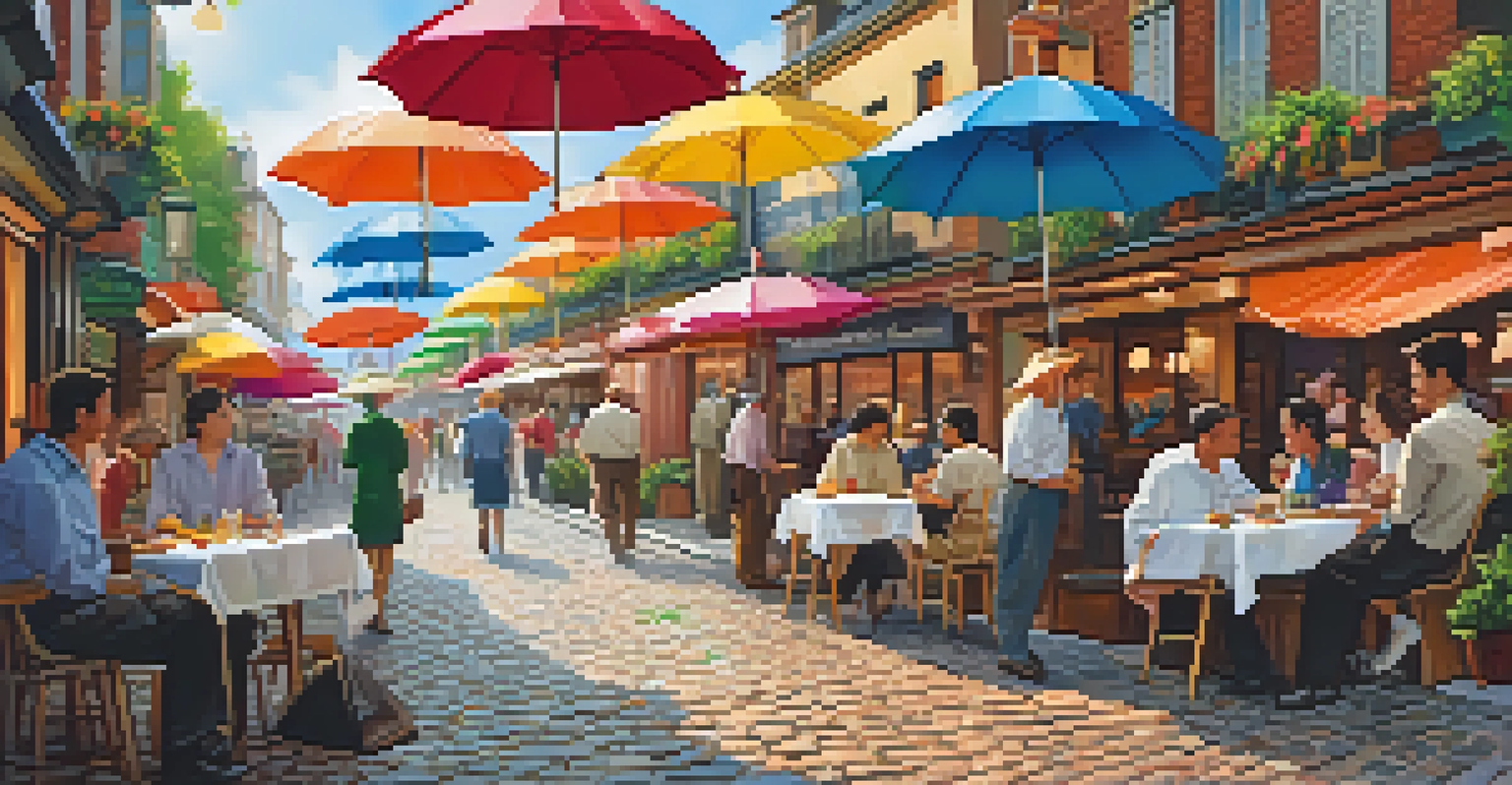 A charming street scene with colorful umbrellas overhead and cobblestone pavement, featuring shops and people enjoying the day.