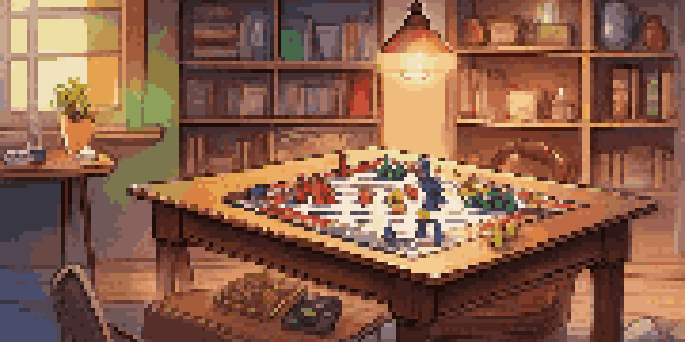 A warm and inviting board game setup with colorful game components on a wooden table, surrounded by snacks and drinks.