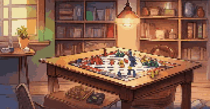 A warm and inviting board game setup with colorful game components on a wooden table, surrounded by snacks and drinks.