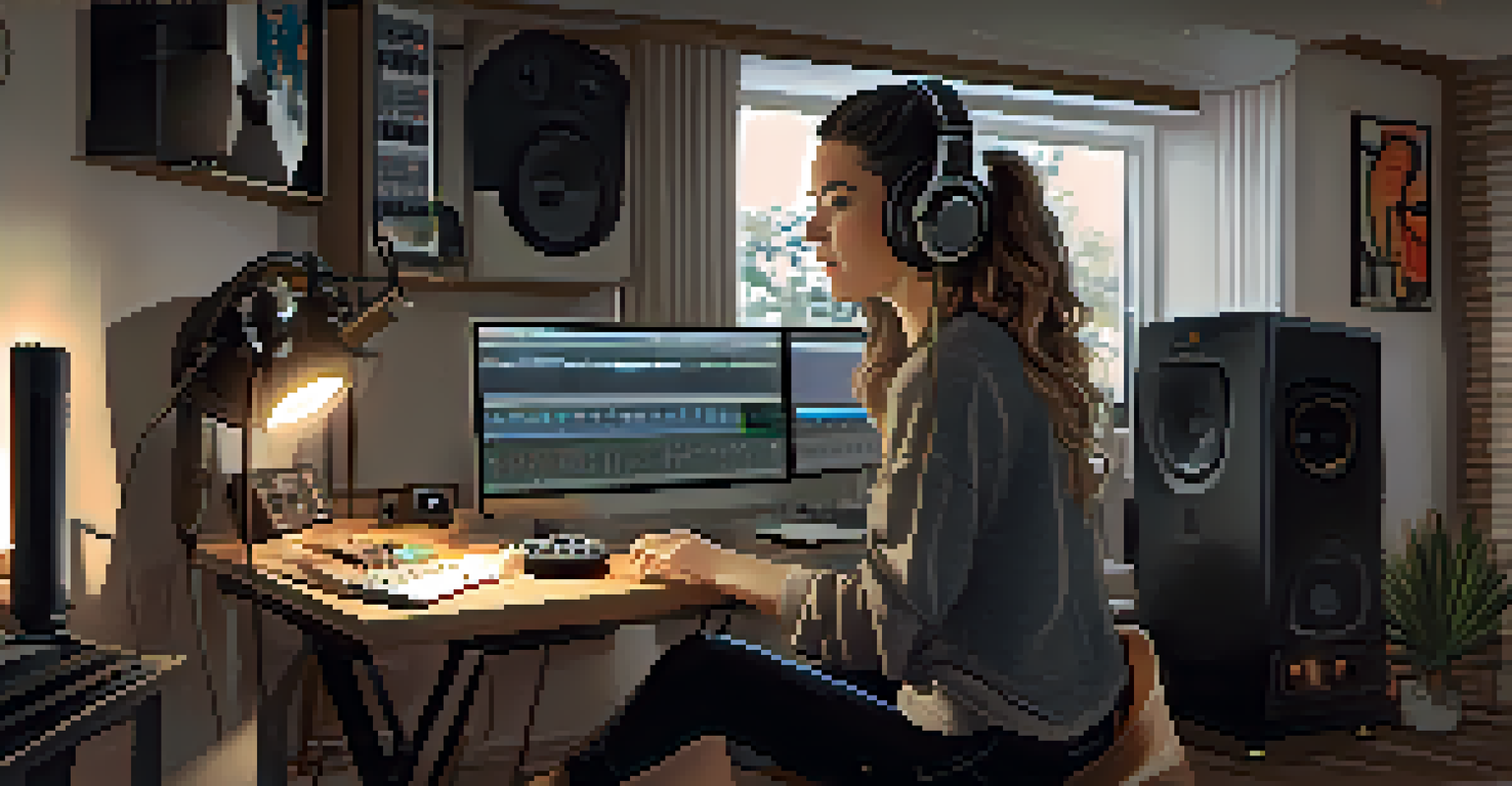 A young woman with headphones recording music in a modern home studio, with a microphone and a laptop displaying audio software.