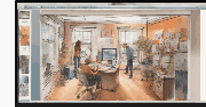 A computer screen displaying a colorful digital storyboard with various scenes and character sketches, organized notes, and arrows.