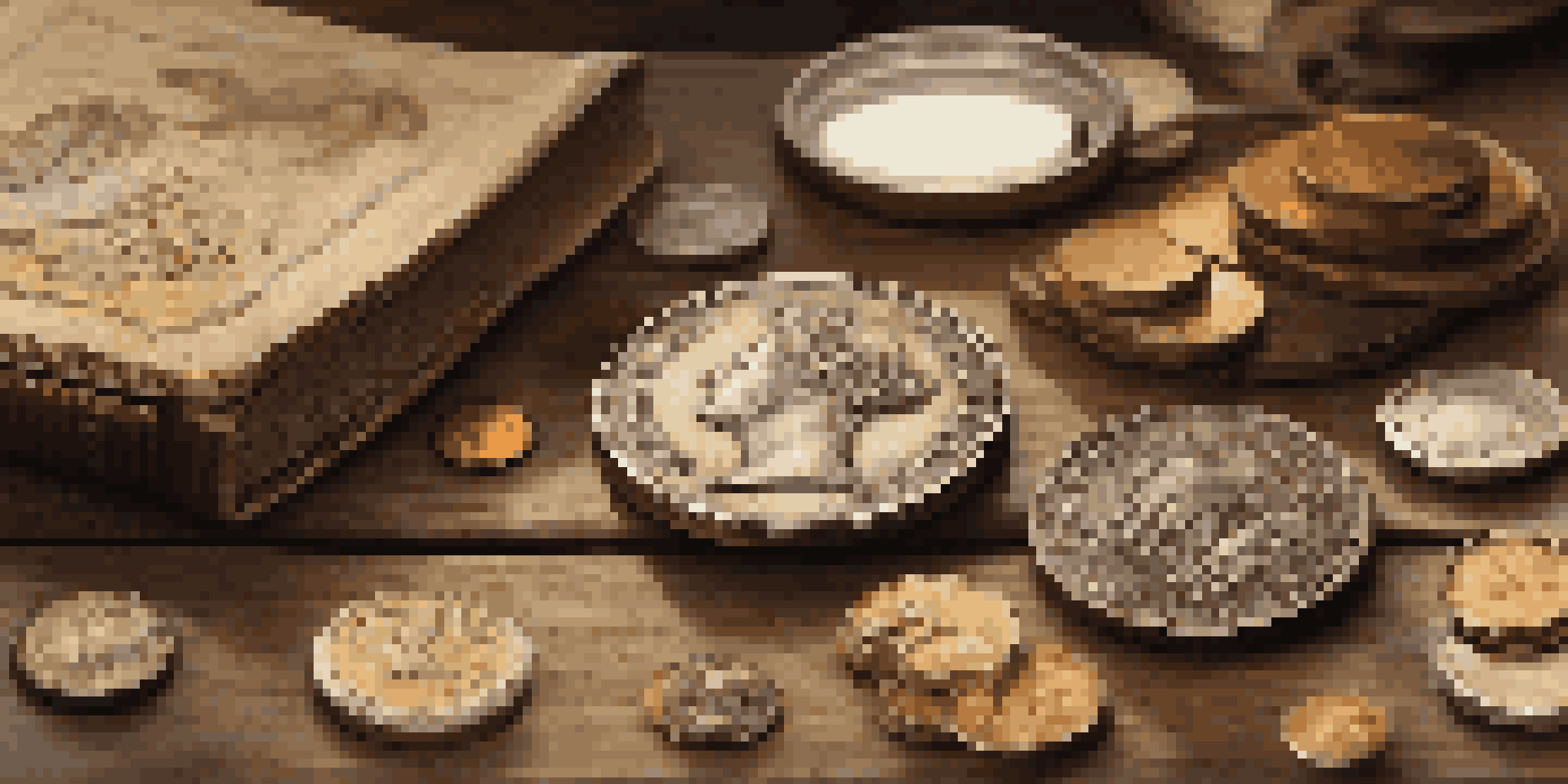 A close-up of a vintage coin collection on a rustic table, featuring various coins and a magnifying glass.