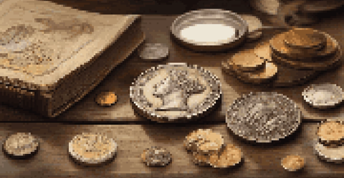 A close-up of a vintage coin collection on a rustic table, featuring various coins and a magnifying glass.