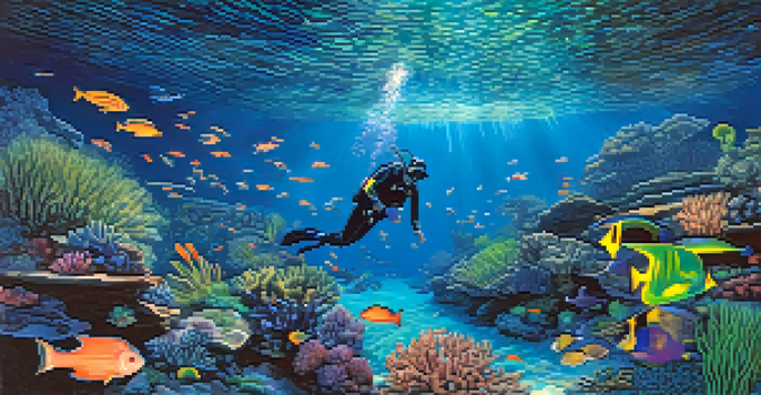 An underwater night diving scene with a diver using a flashlight, illuminating bioluminescent plankton and colorful fish around a coral reef.