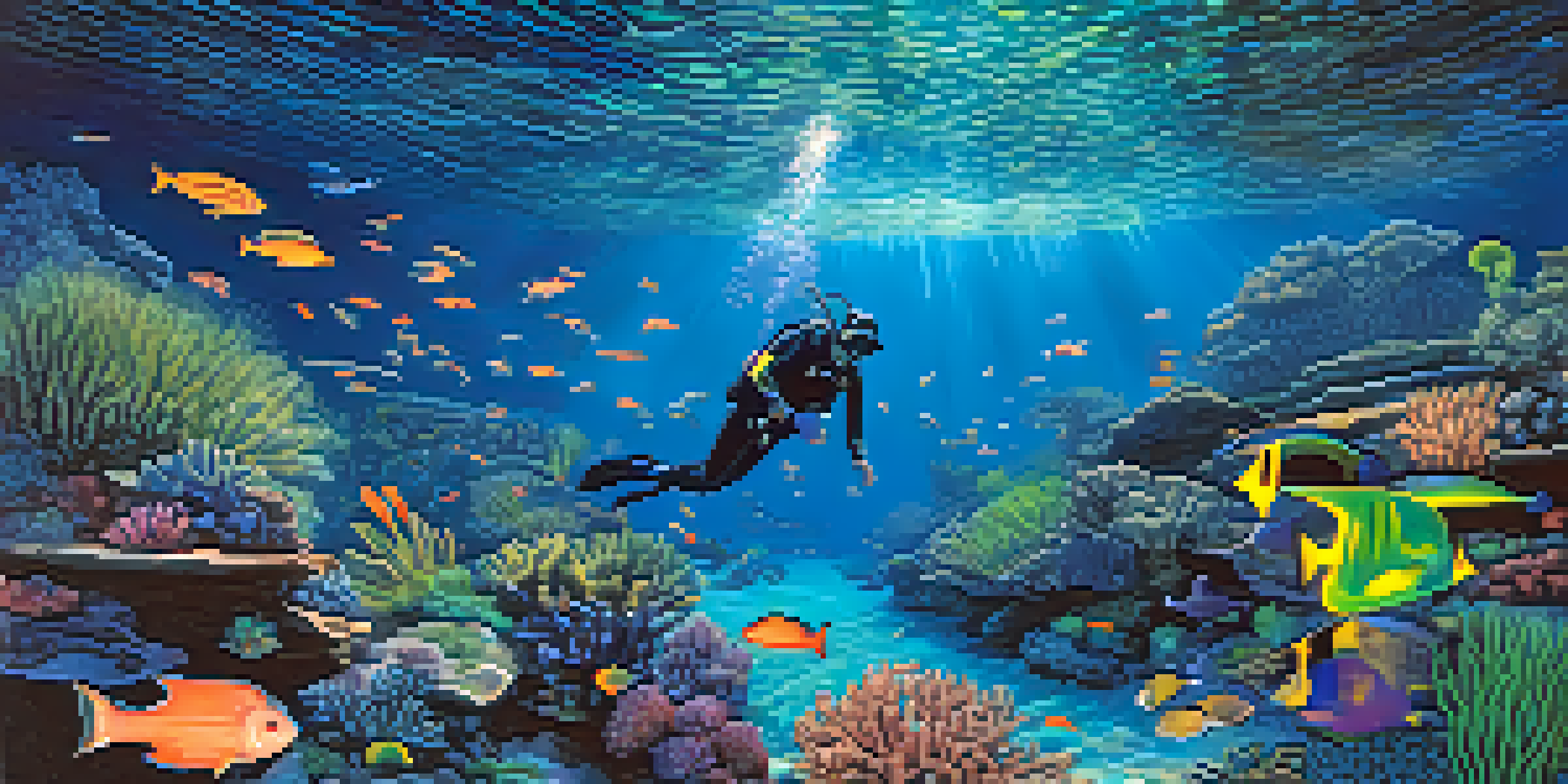 An underwater night diving scene with a diver using a flashlight, illuminating bioluminescent plankton and colorful fish around a coral reef.
