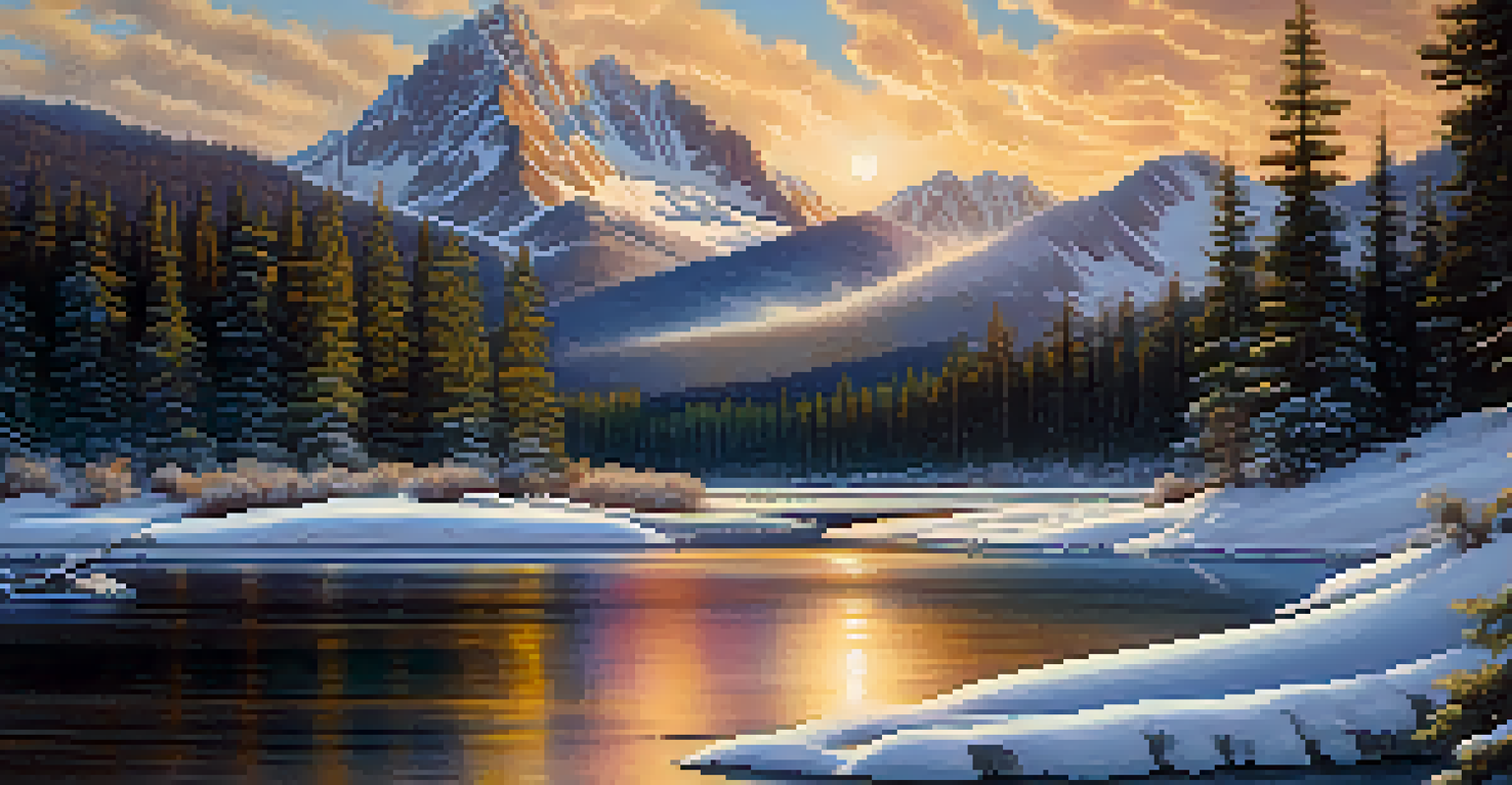 A mountain landscape with snow-capped peaks, a winding river, and forests during the golden hour, with a pastel sky.
