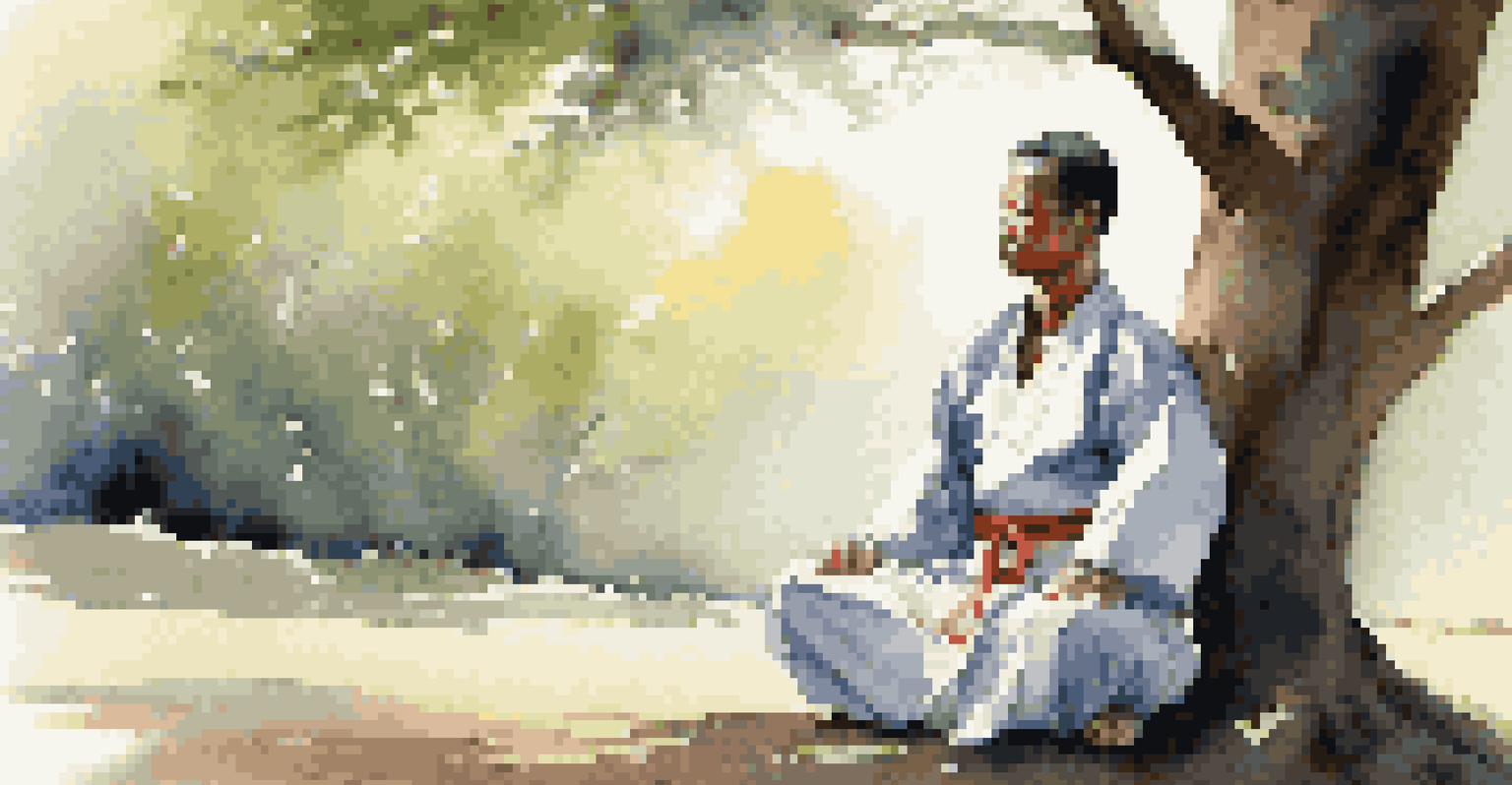 A martial artist practicing mindfulness outdoors, surrounded by nature, with a peaceful expression and soft morning light.