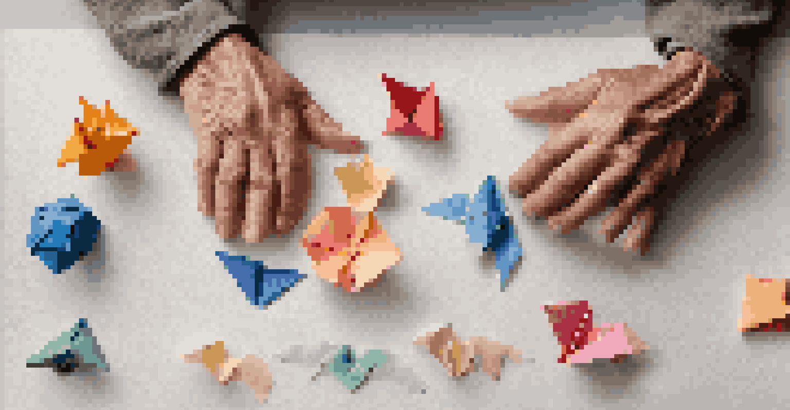 A person exploring textured origami paper by touch, with tactile guides and colorful models around them in a calm setting.