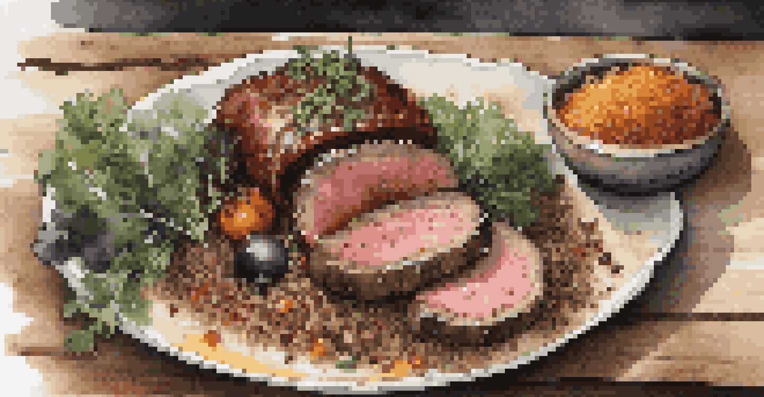 A close-up of a gourmet dish with lab-grown meat, roasted vegetables, and quinoa on a rustic wooden table, beautifully garnished and illuminated by warm lighting.