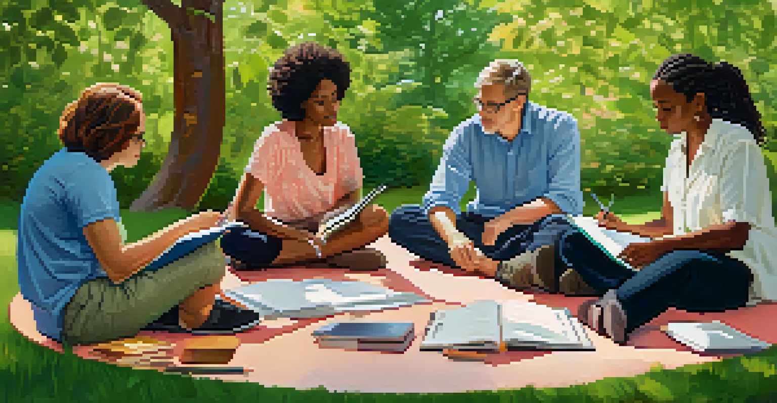 A diverse group of writers in a park, discussing ideas while sitting in a circle with notepads and pens, surrounded by greenery.