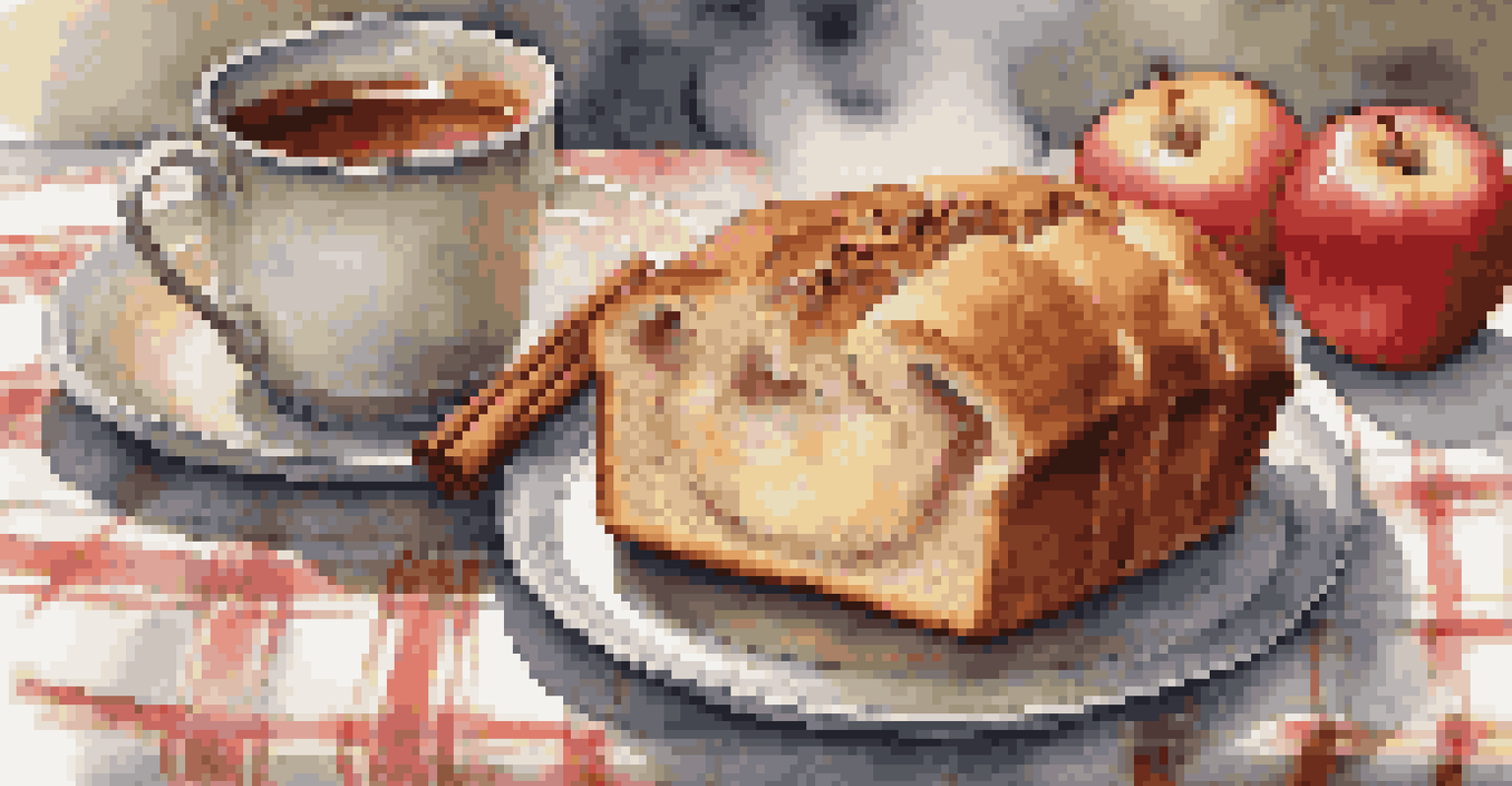 A loaf of apple cinnamon bread with fresh apple slices and a cup of tea on a decorative tablecloth.