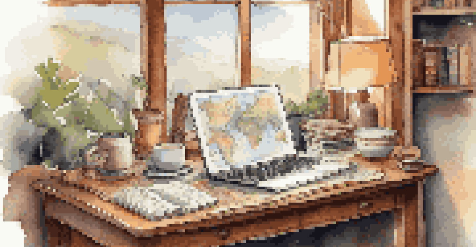 A travel blog workspace with a laptop, travel books, a world map, and a cup of coffee, illuminated by natural light.
