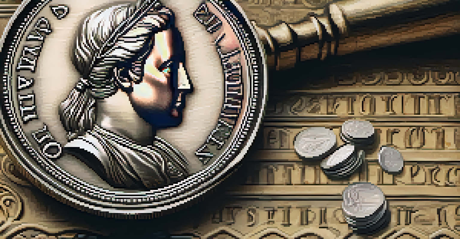 A historic coin being examined under a magnifying glass, with intricate engravings and an ancient parchment background.