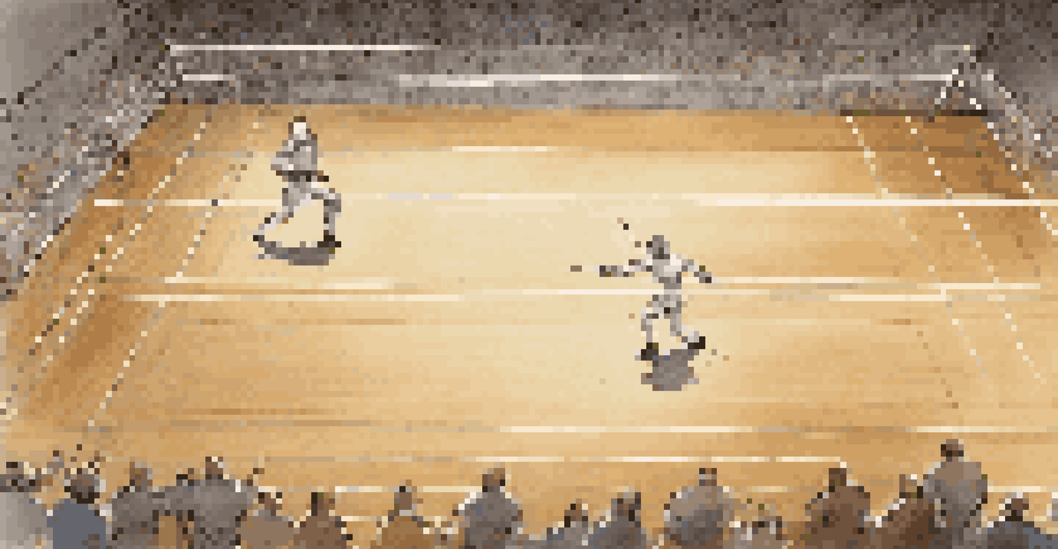An overhead view of two fencers lunging at each other on a polished wooden fencing strip, with an audience in the background.