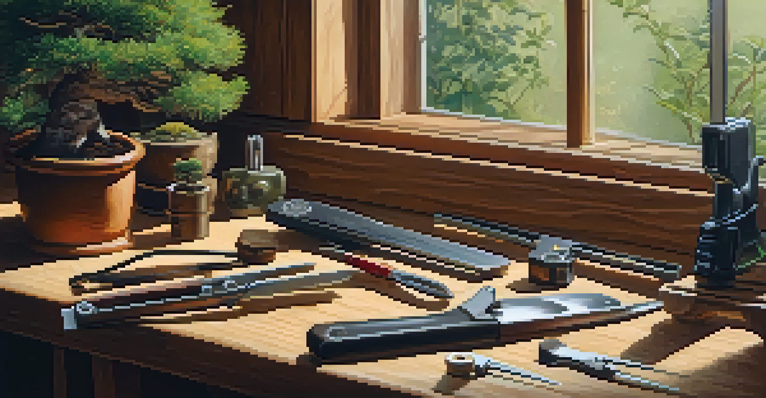 Close-up of bonsai pruning tools on a wooden workbench, with a small Ficus bonsai in the background, illuminated by soft light.