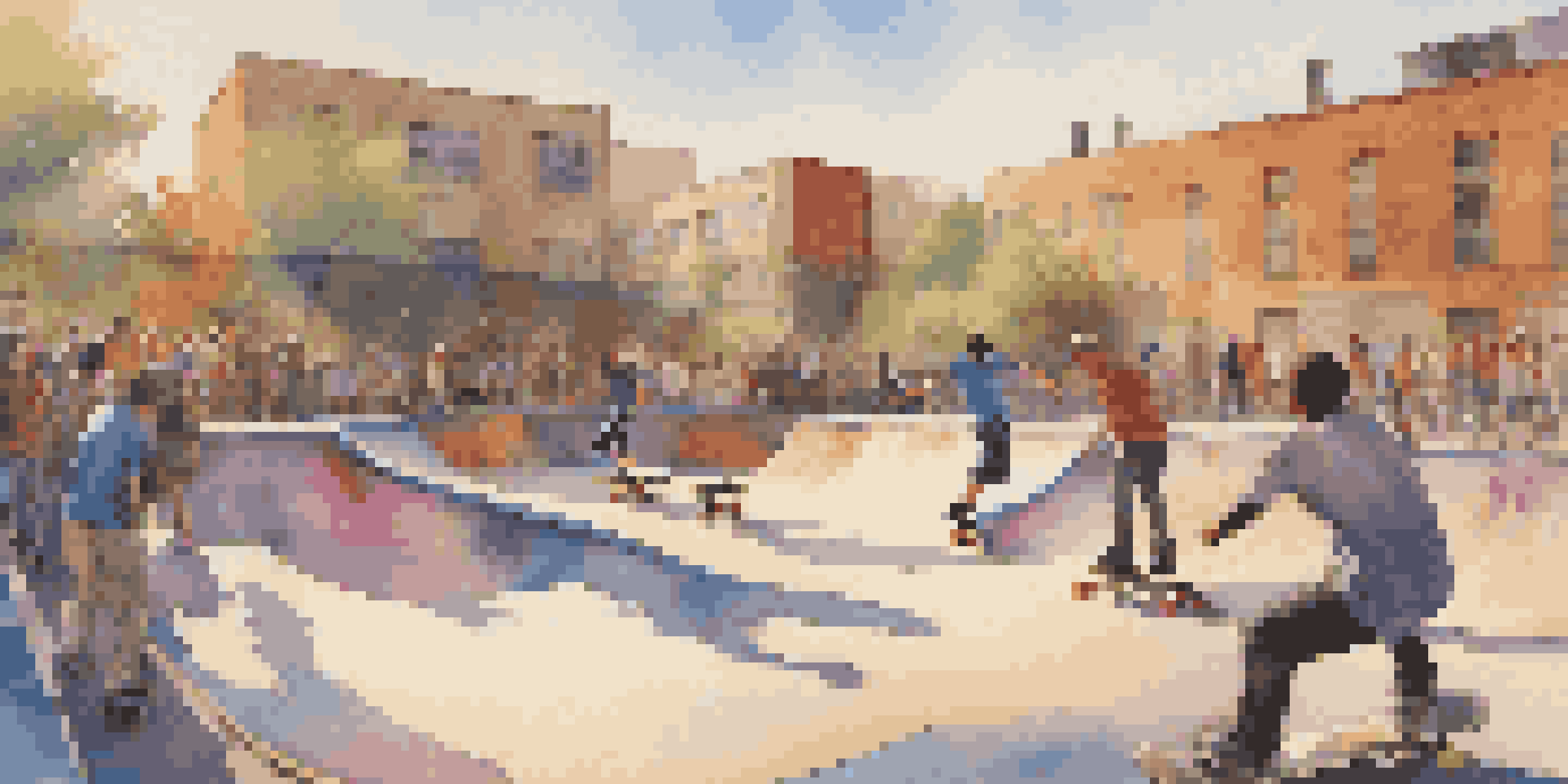 A diverse group of skateboarders performing tricks in a colorful skatepark with graffiti and cheering spectators.