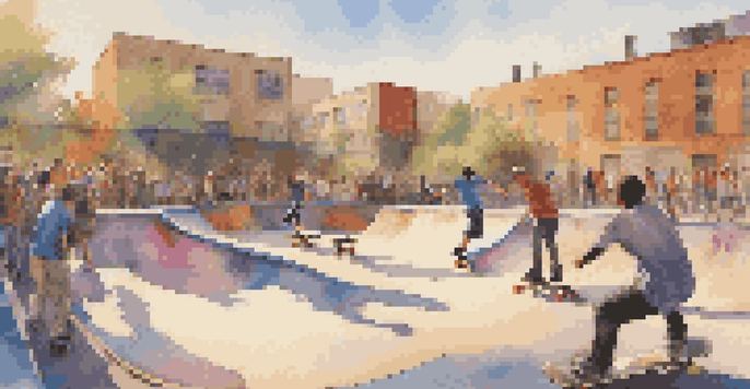 A diverse group of skateboarders performing tricks in a colorful skatepark with graffiti and cheering spectators.