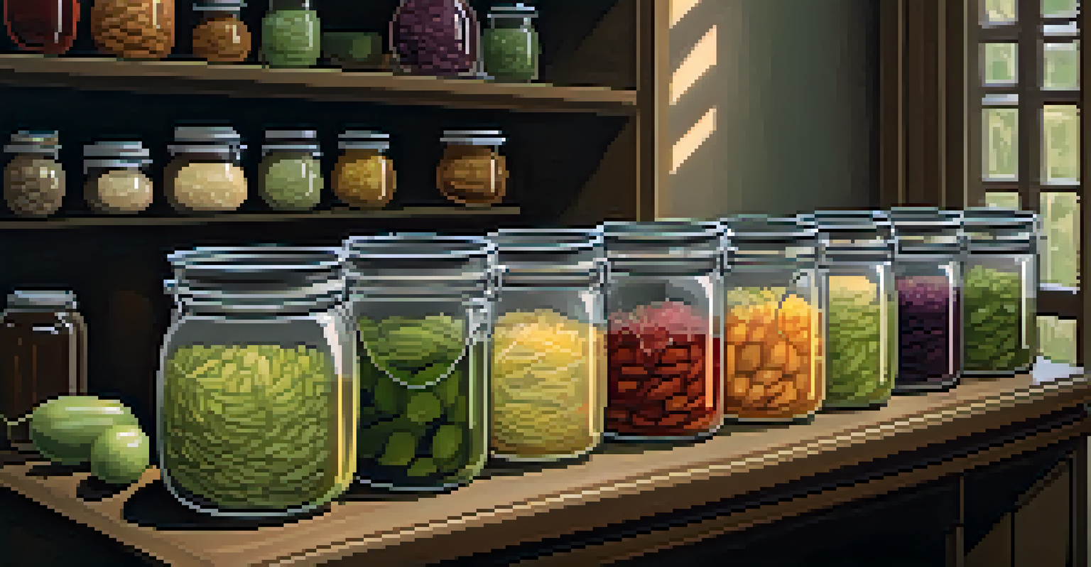 Multiple glass jars of sauerkraut fermentation stages covered with cloth on a dark shelf, softly illuminated.