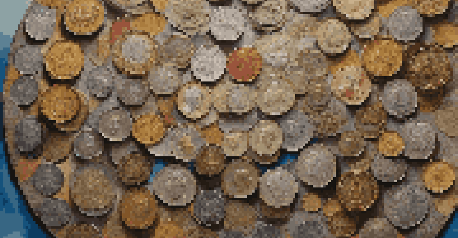 A circular arrangement of coins from different cultures on textured fabric, showcasing their unique designs and colors.
