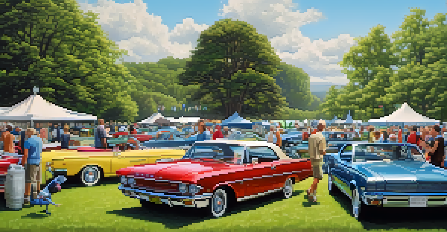 A lively outdoor gathering of vintage car enthusiasts with various classic cars.