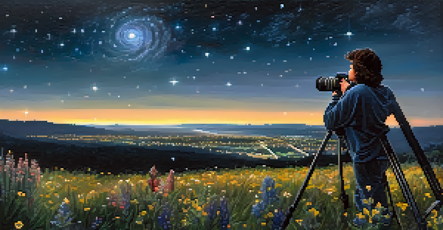 An astrophotographer with a camera on a tripod, surrounded by wildflowers under a starry sky.