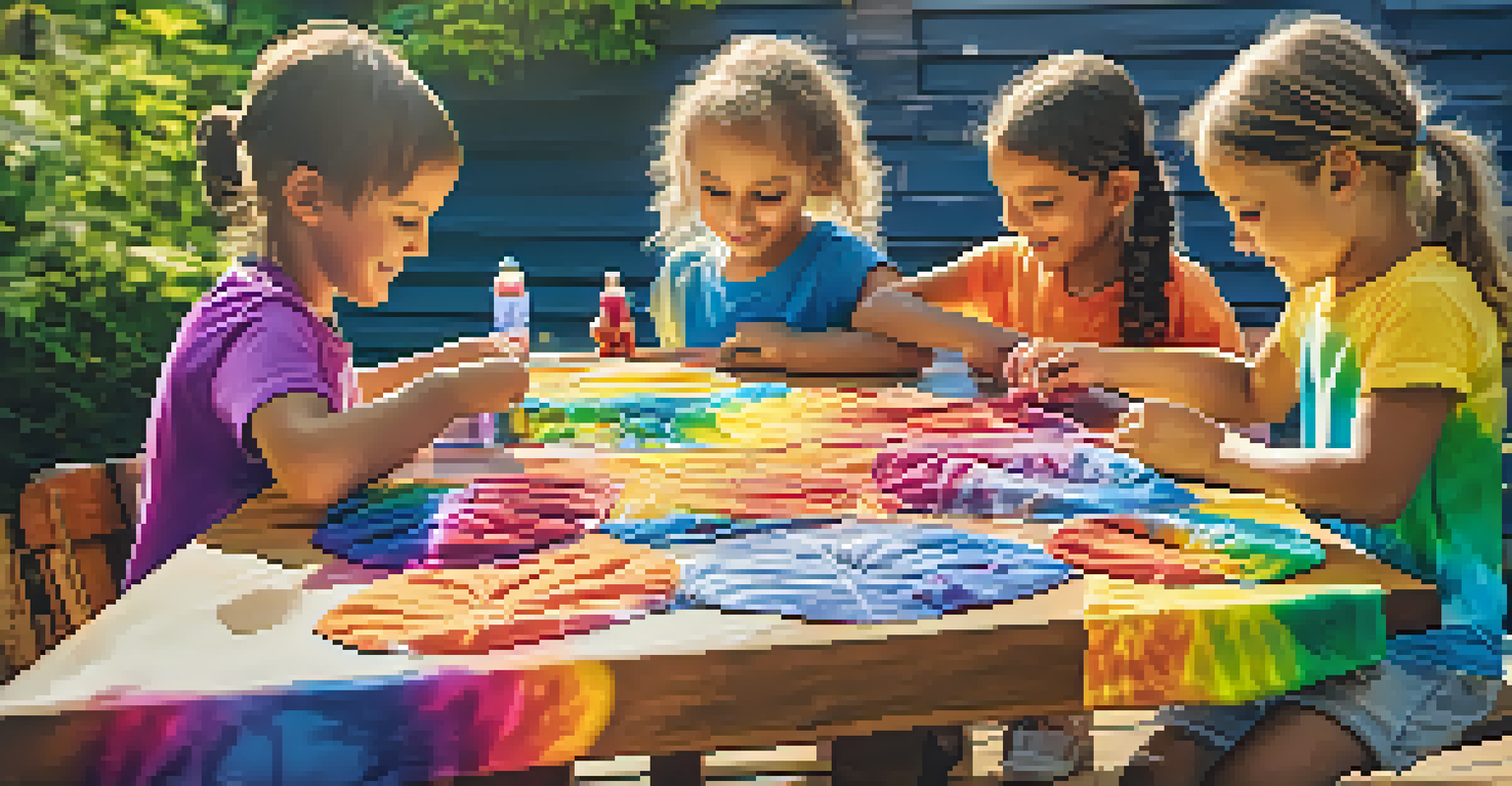 A vibrant assortment of tie-dye t-shirts and children enjoying the dyeing process outdoors.