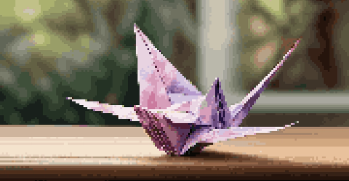 A detailed view of an origami crane on a wooden surface, surrounded by a blurred garden background.