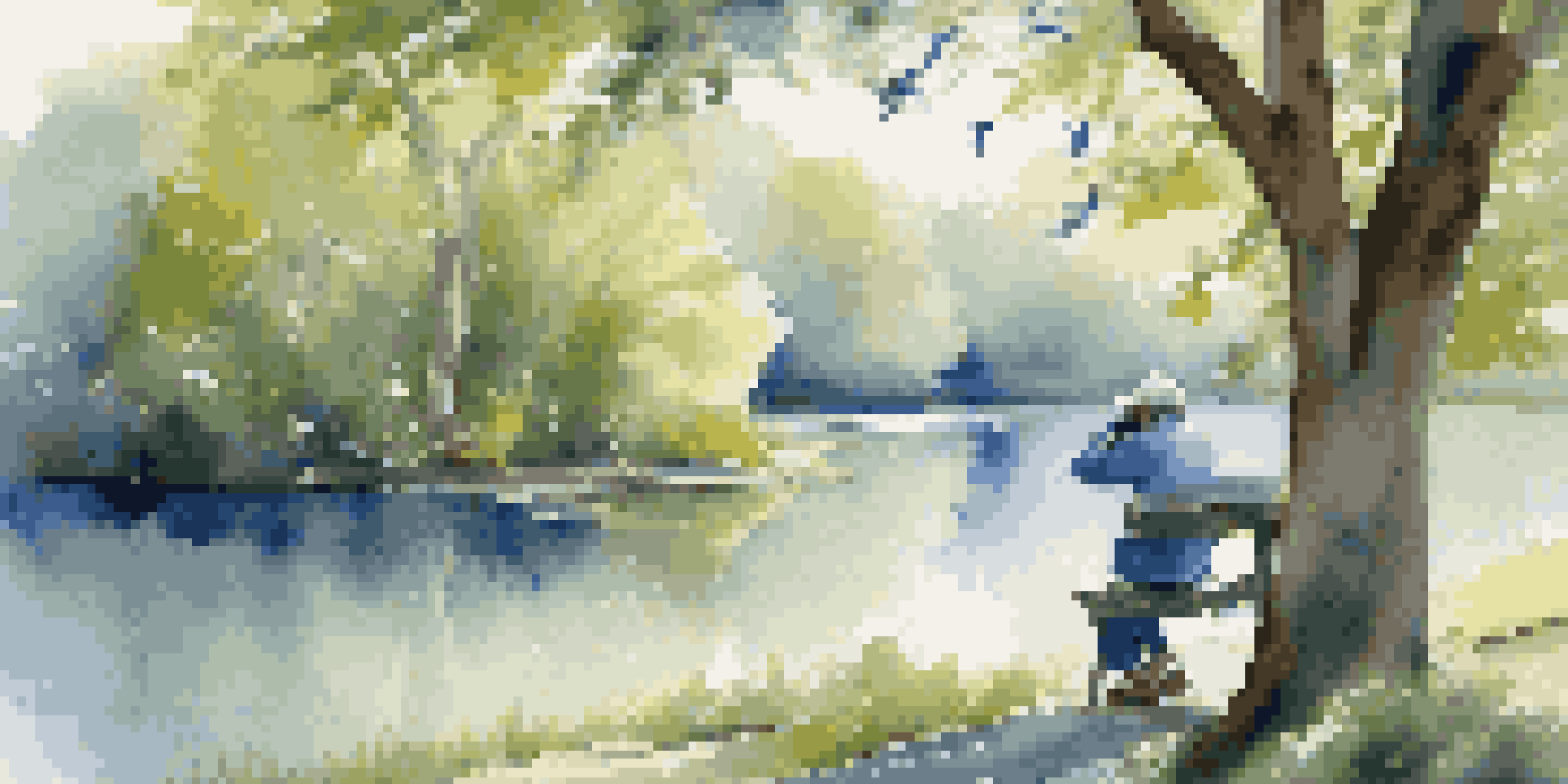 A person observing a blue jay in a park during early morning, surrounded by trees and flowers.