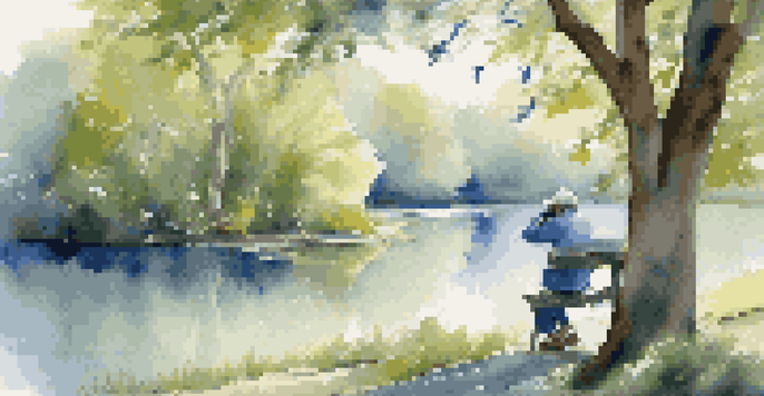 A person observing a blue jay in a park during early morning, surrounded by trees and flowers.