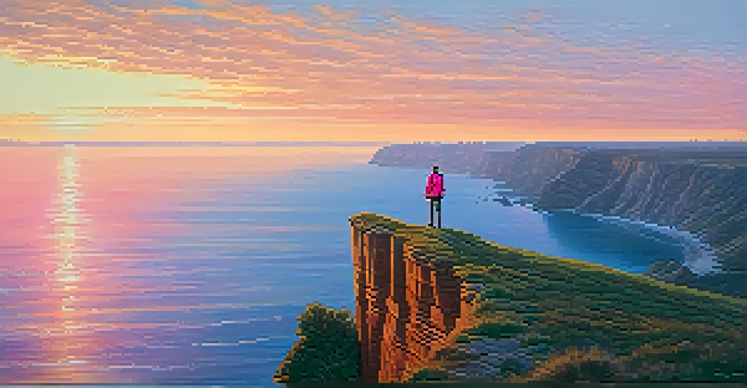 A solo traveler standing on a cliff at sunrise, overlooking a beautiful landscape with soft dawn colors.