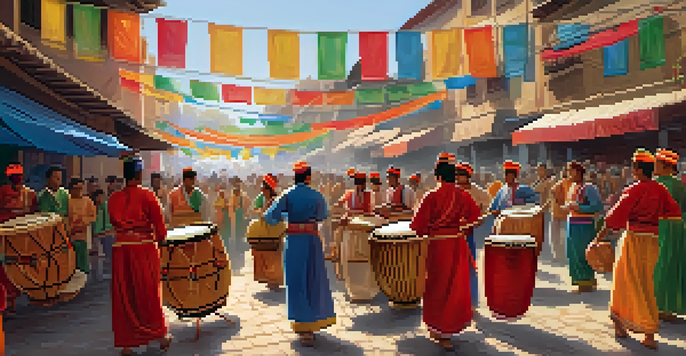 A lively street festival with musicians playing traditional instruments and people dancing in colorful attire.