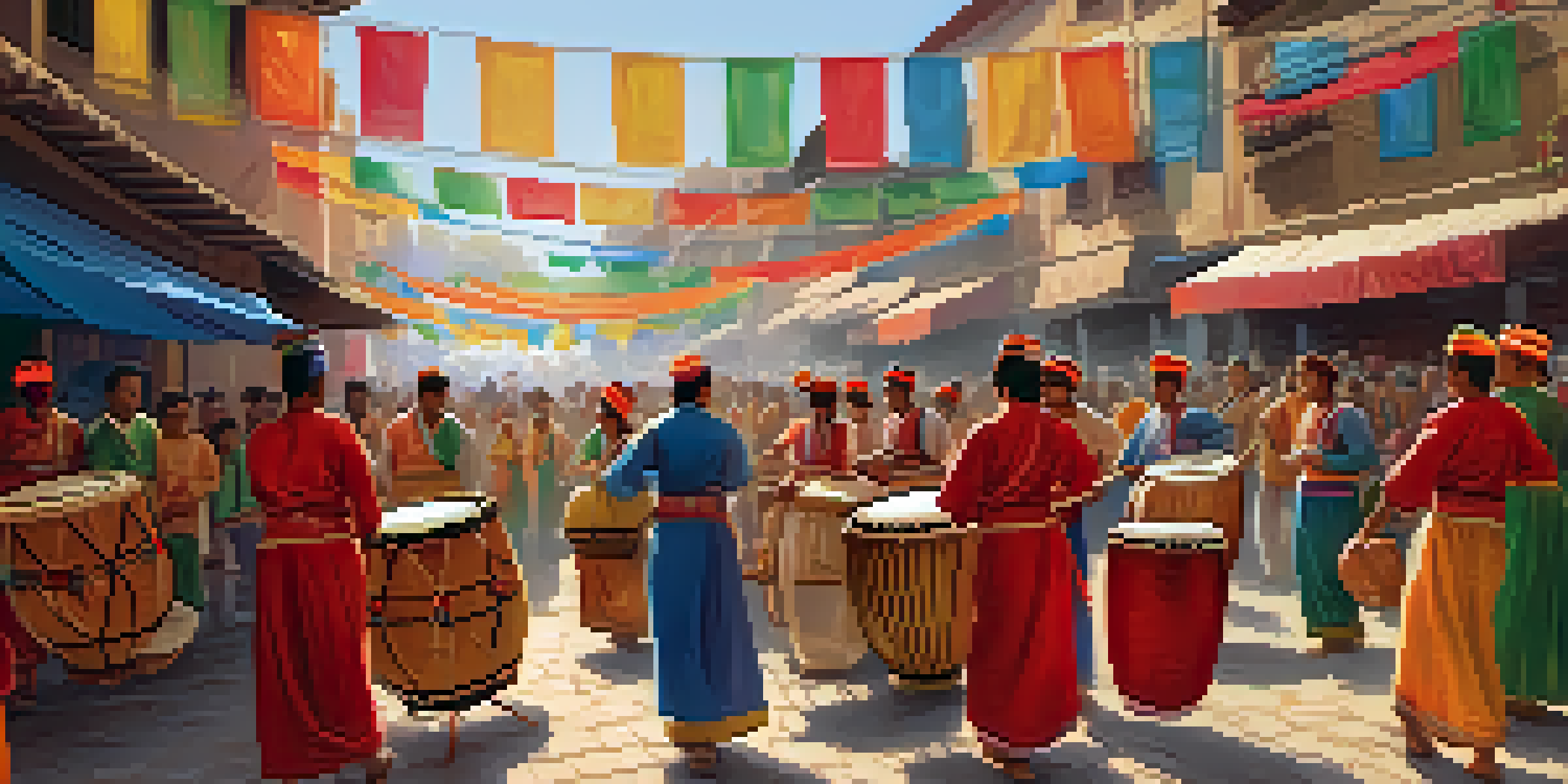 A lively street festival with musicians playing traditional instruments and people dancing in colorful attire.