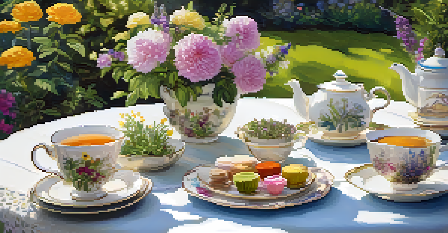 A garden tea party with friends enjoying colorful herbal teas at a beautifully set table surrounded by flowers.