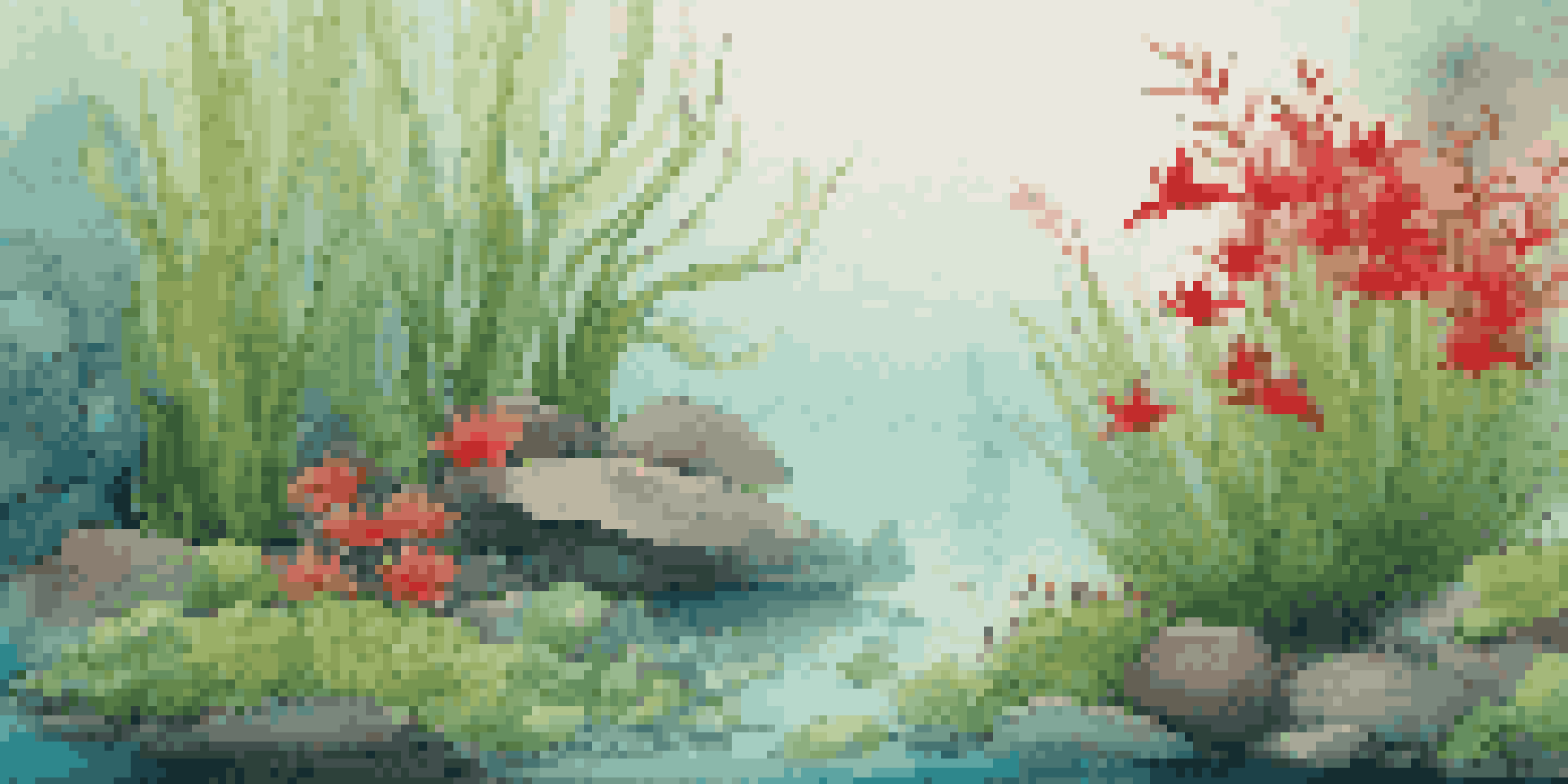 A tranquil underwater garden filled with various green plants and red flowers, with smooth pebbles in the foreground and tall plants in the background under soft lighting.