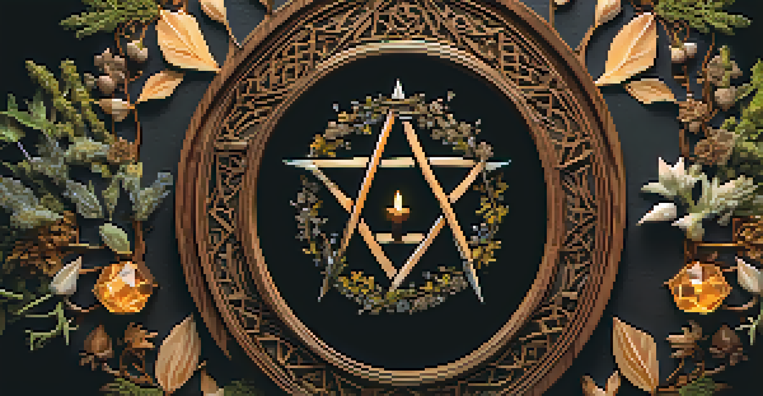 A wooden pentagram surrounded by herbs and crystals on a dark velvet background, illuminated by candlelight.