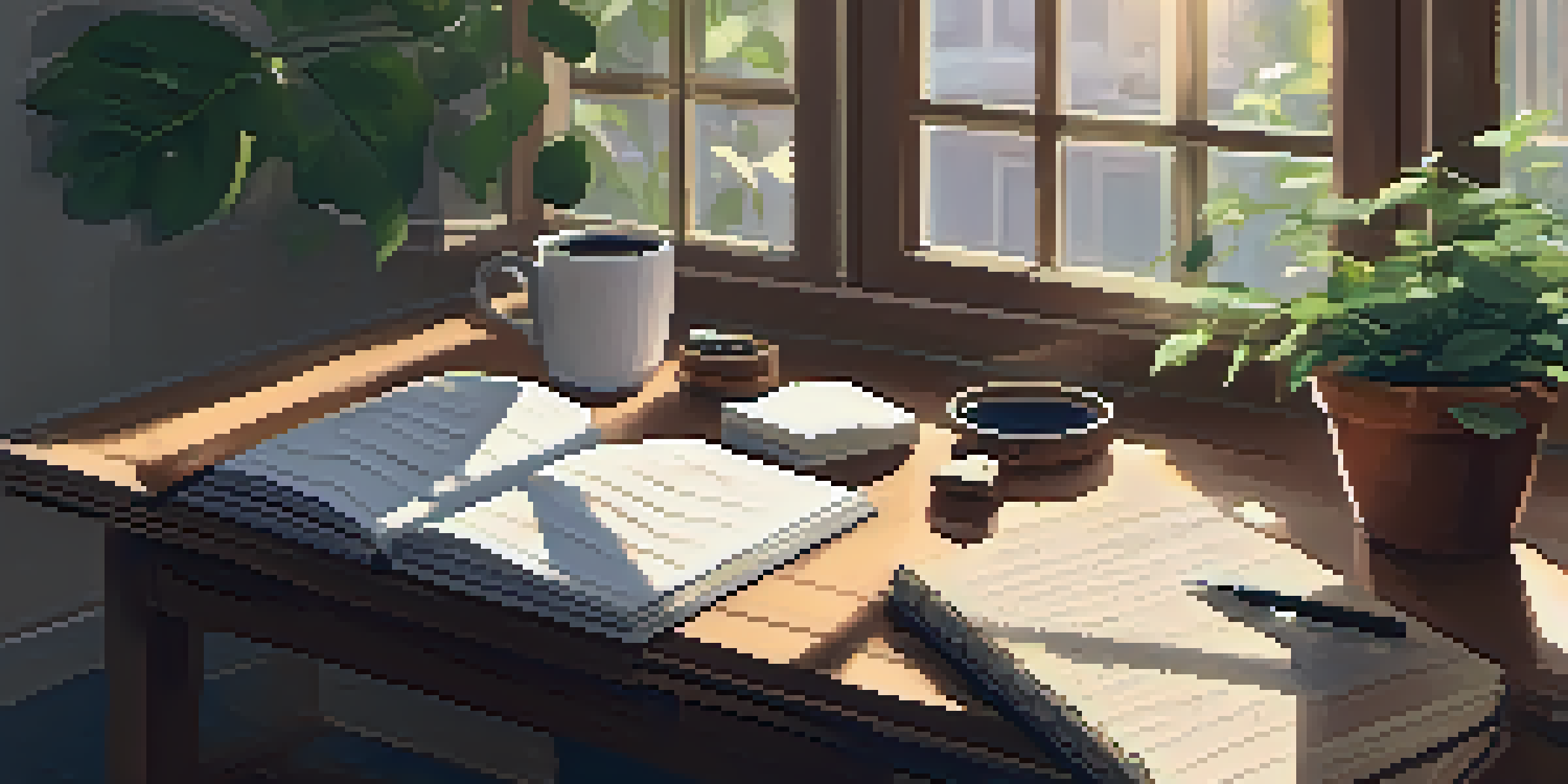 A cozy workspace featuring a wooden desk with an open journal, a steaming cup of coffee, and sunlight illuminating the area.