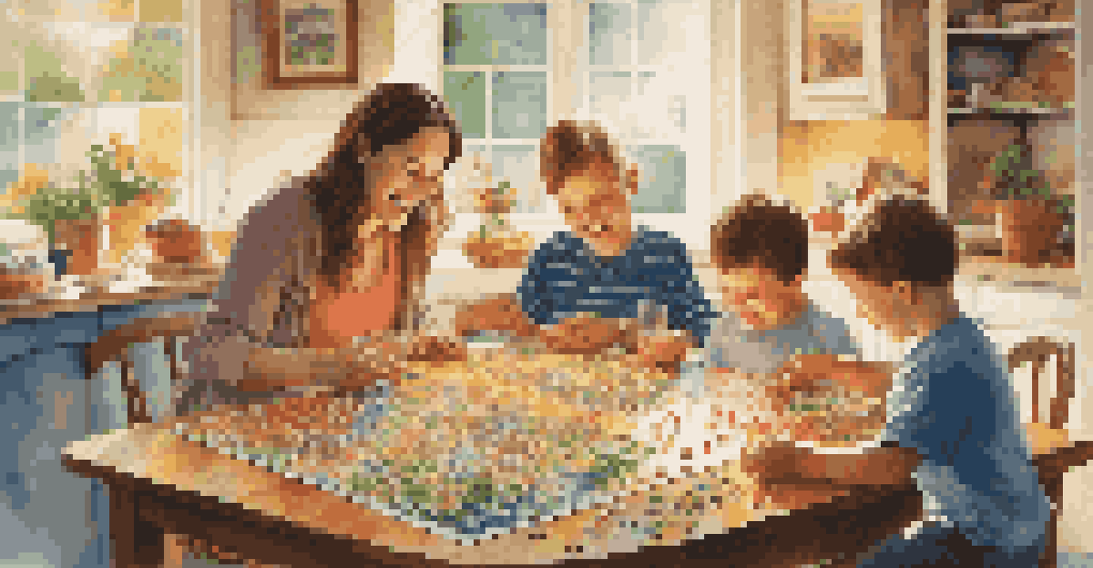 A happy family working on a jigsaw puzzle together at a table, enjoying snacks and drinks, with a completed puzzle in the background.
