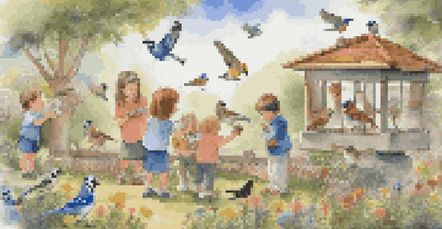 Children observing birds at a feeder in the morning, with journals and binoculars, against a clear blue sky.