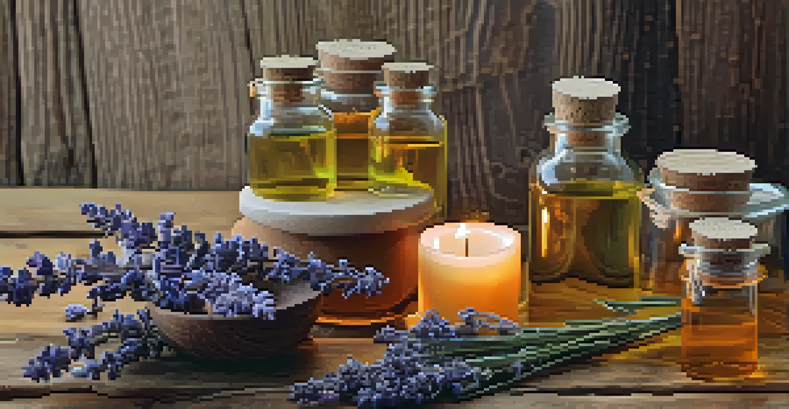 An overhead view of essential oils and candle-making supplies on a rustic wooden surface.