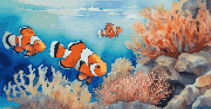 An underwater scene with a coral reef, colorful clownfish, and sunlight filtering through clear blue water.