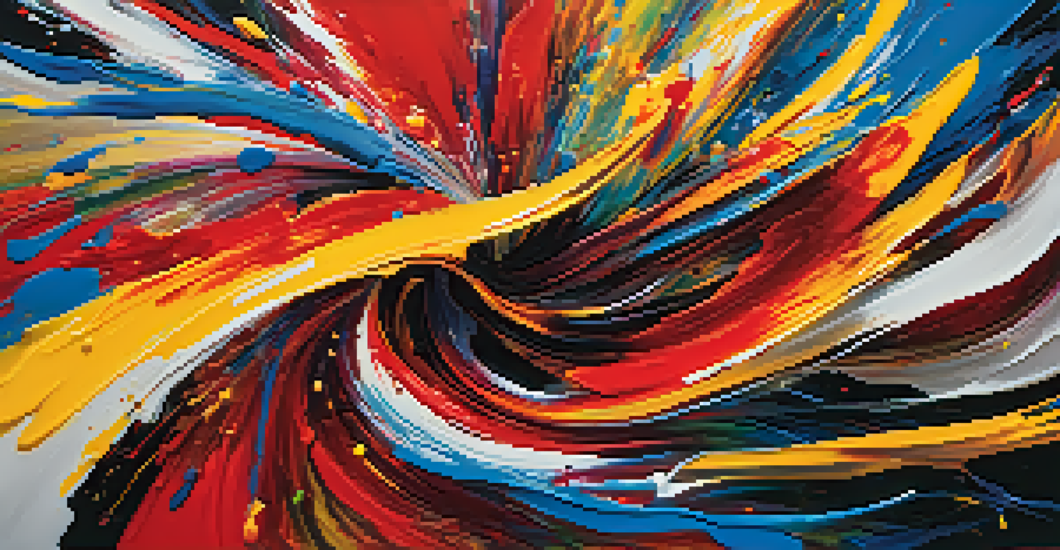 An abstract painting featuring bold colors and energetic brush strokes, evoking feelings of spontaneity and emotion.