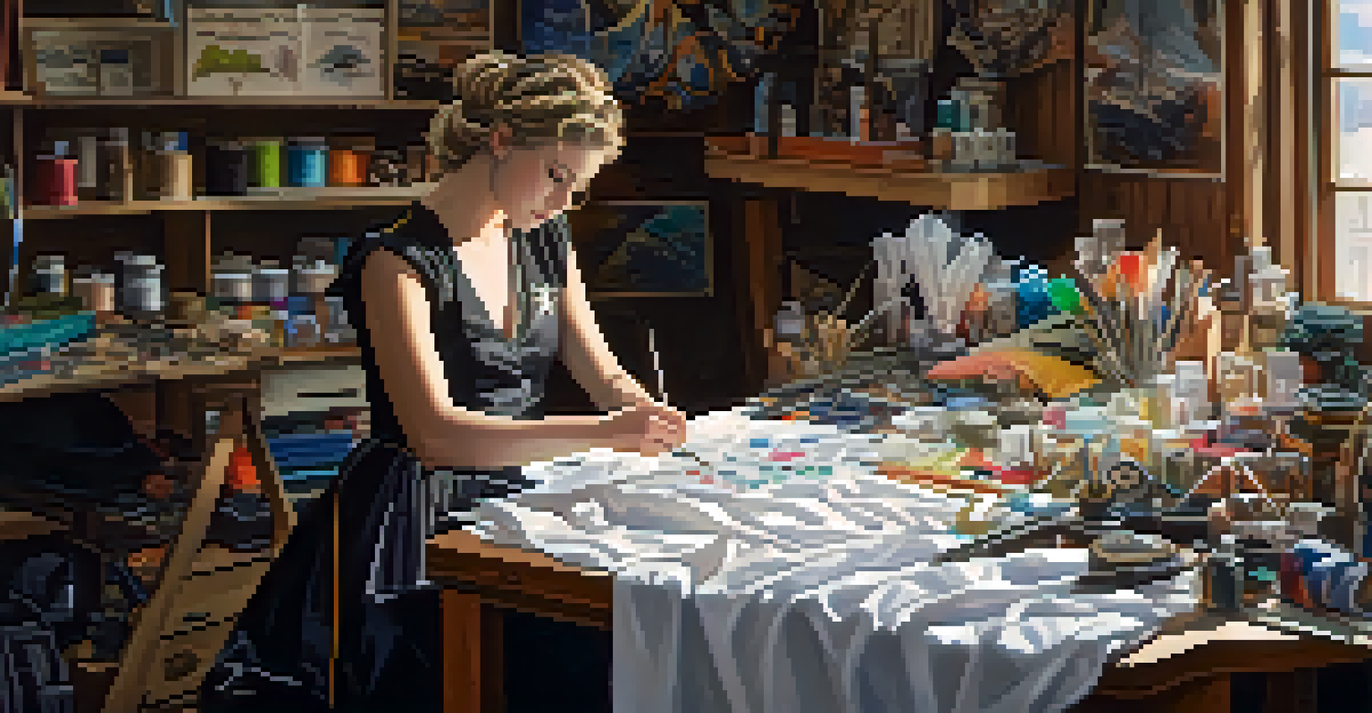 A focused cosplayer working on their costume, surrounded by sewing materials and reference images, highlighting the crafting process.