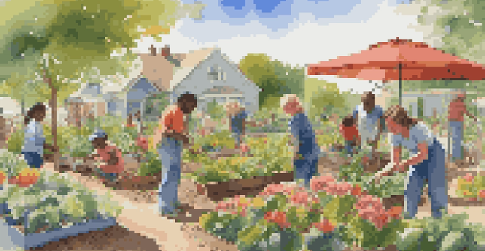 A diverse group of people gardening together in a community garden, surrounded by colorful flowers and vegetables under a sunny sky.