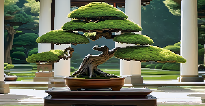 A Formal Upright bonsai tree in a ceramic pot, with a straight trunk and symmetrical branches, set in a peaceful Japanese garden.