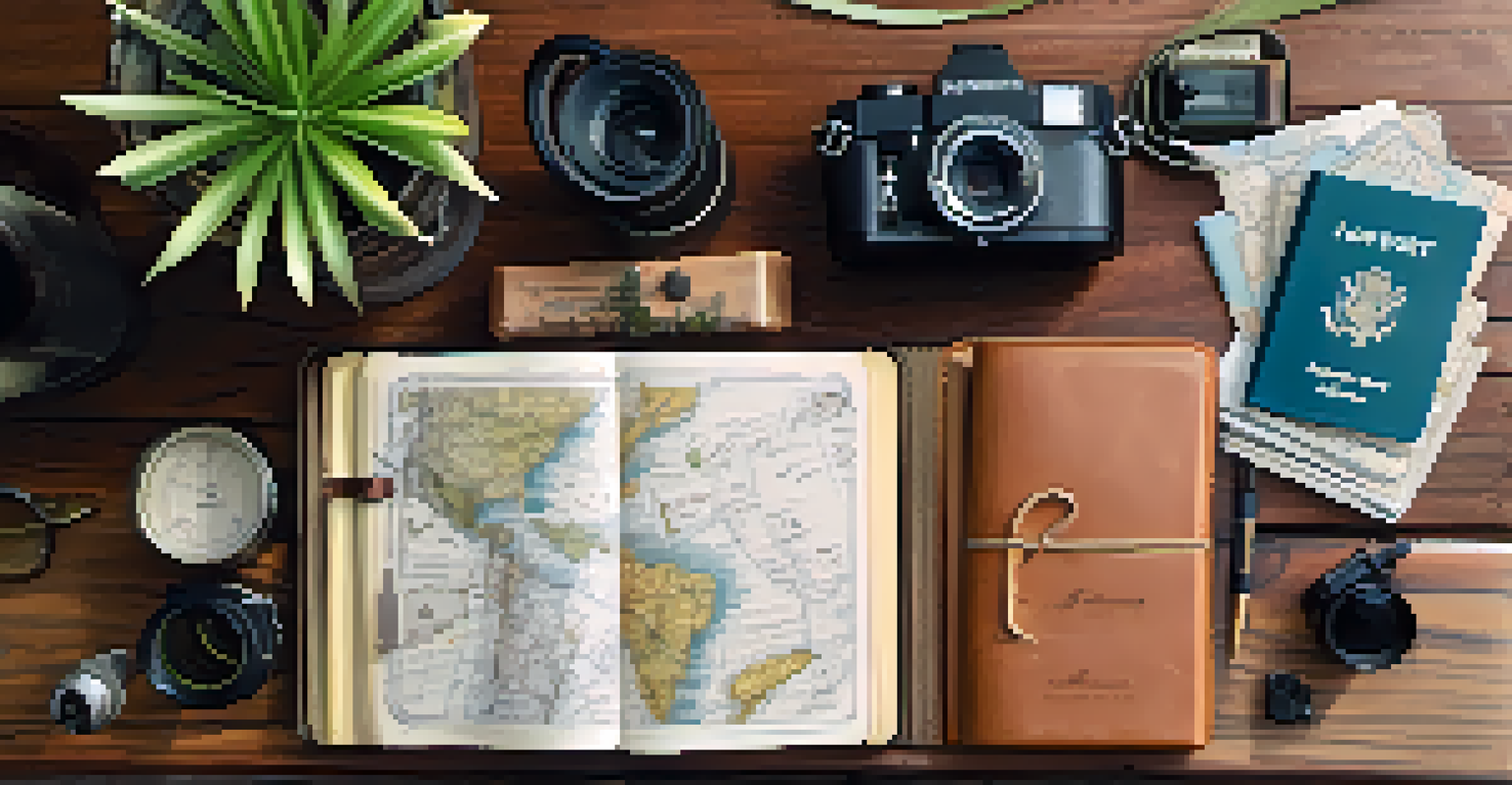 A travel journal surrounded by a camera, passport, and map, with handwritten notes and sketches visible on the pages.