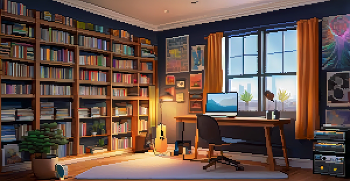A cozy podcasting studio with warm lighting, featuring a microphone, headphones, and a laptop, surrounded by soundwave art and books.