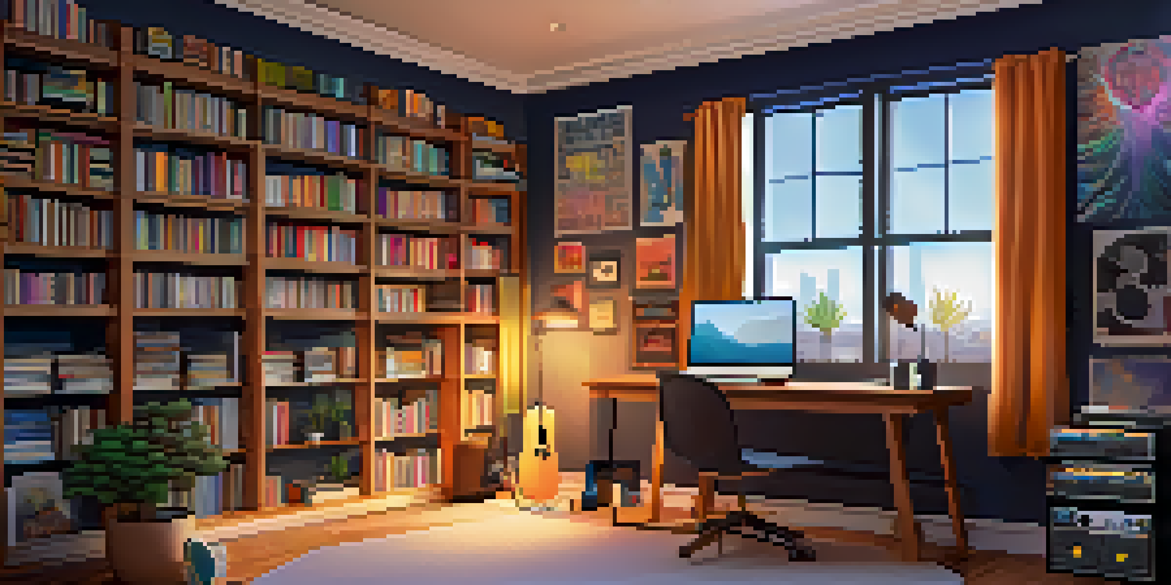 A cozy podcasting studio with warm lighting, featuring a microphone, headphones, and a laptop, surrounded by soundwave art and books.