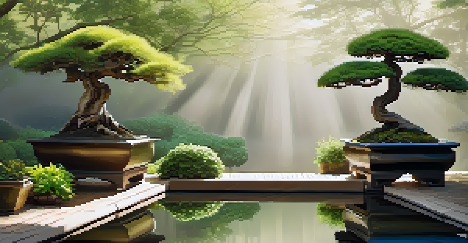 A serene bonsai garden with various bonsai trees on stone pedestals surrounded by greenery and a reflecting pond.