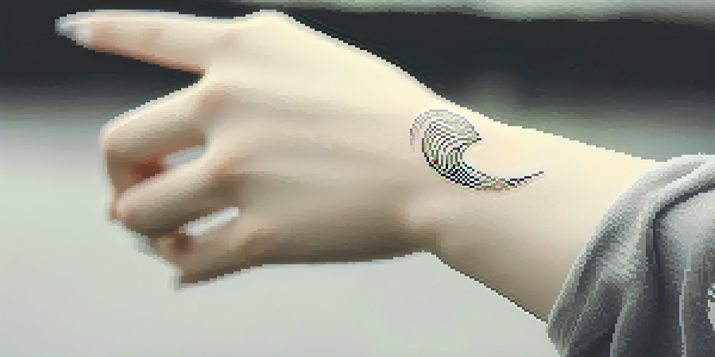 A close-up of a minimalist tattoo of a tiny wave on a wrist, showcasing clean lines and a subtle design.