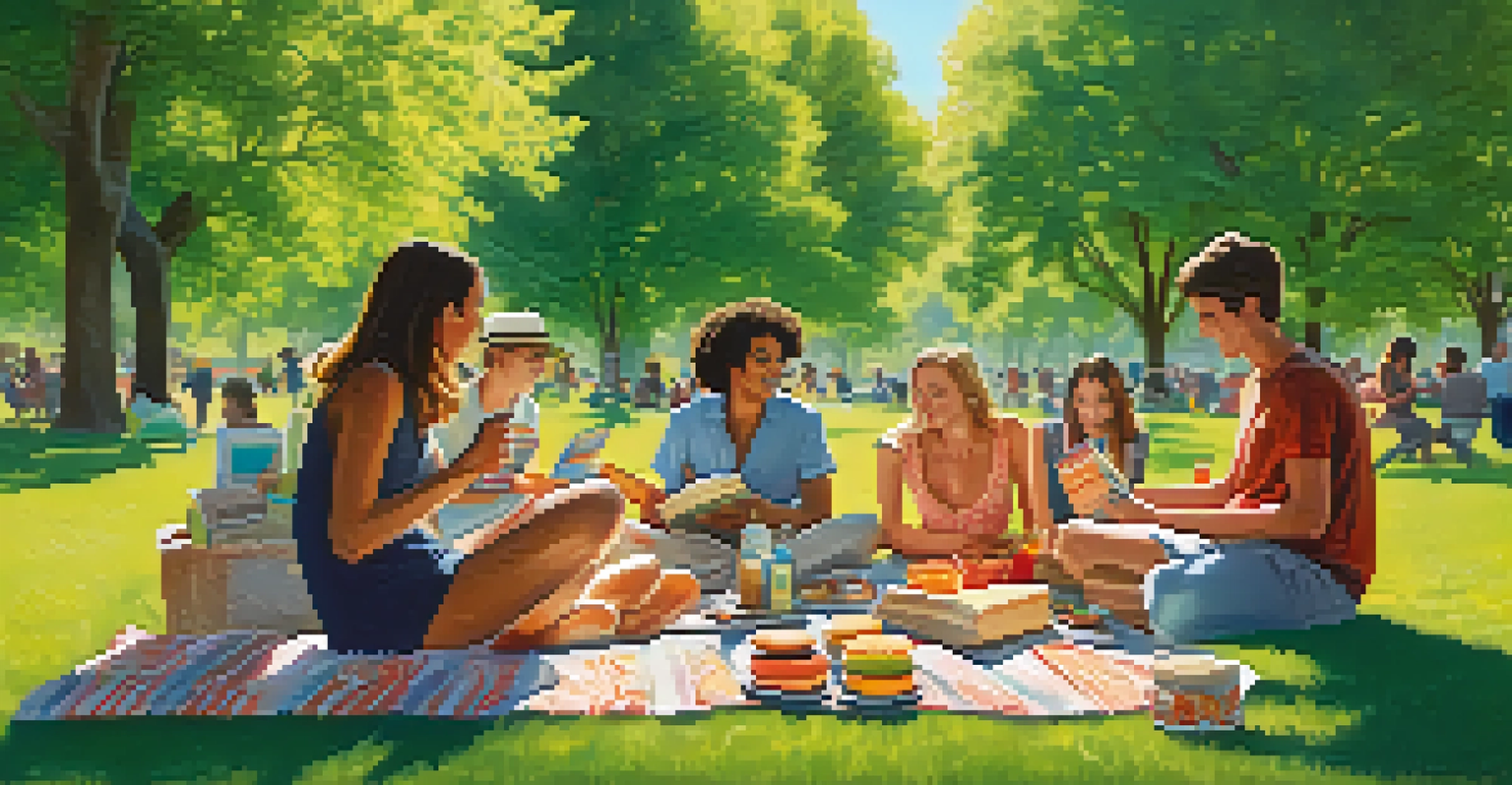 A group of friends sitting on picnic blankets in a park, discussing a book under the sunlight, with snacks around them.